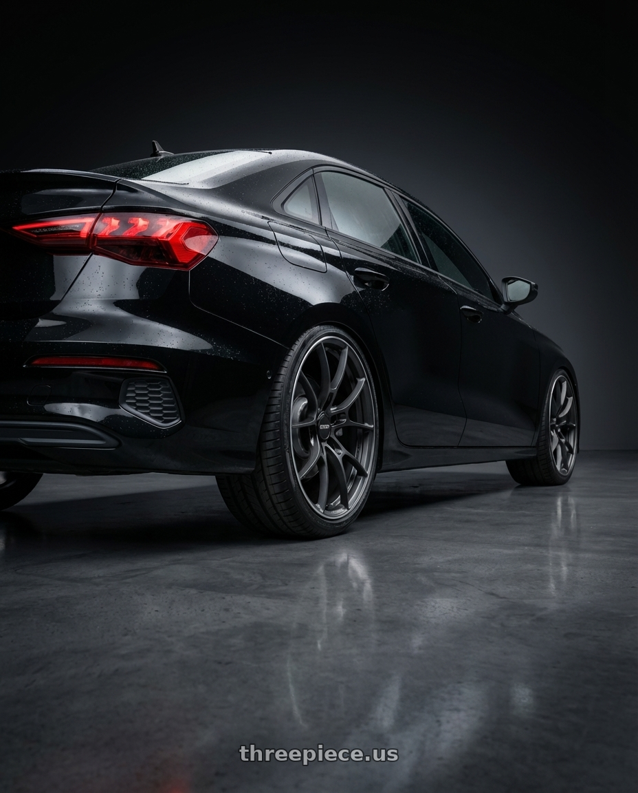 2022 Audi A3 with Volk Racing G025 5x112 19x9.5 +44 MATTE GUNBLACK / DC wheels rear three quarter view square tires