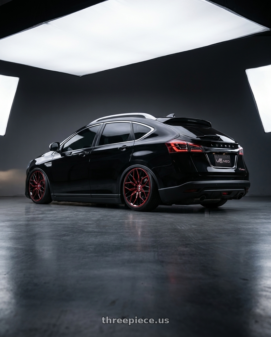 2025 Luxgen U6 Neo黑+特仕版(台灣保時捷) with Spec-1 SP-57 5x114.3/5x120 18x8 +38 Gloss Black & Red Machined wheels rear three quarter view slight stretch tires