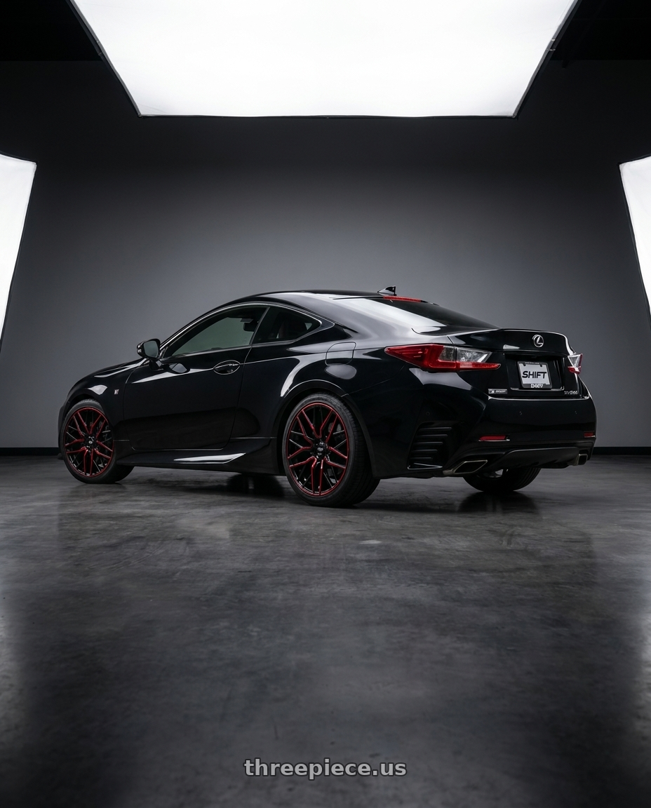 2016 Lexus Rc200t F Sport with Shift Spring 5x114.3 20x8.5 +35 Gloss Black Candy Red Milled wheels rear three quarter view square tires