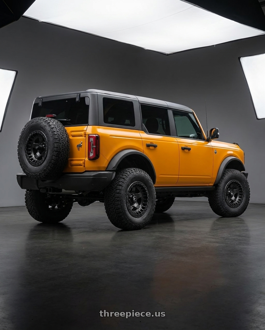 2024 Ford Bronco with Fuel 1PC D118 WARP BEADLOCK 6X139.7 17X9 -15 MATTE BLACK wheels rear three quarter view meaty tires