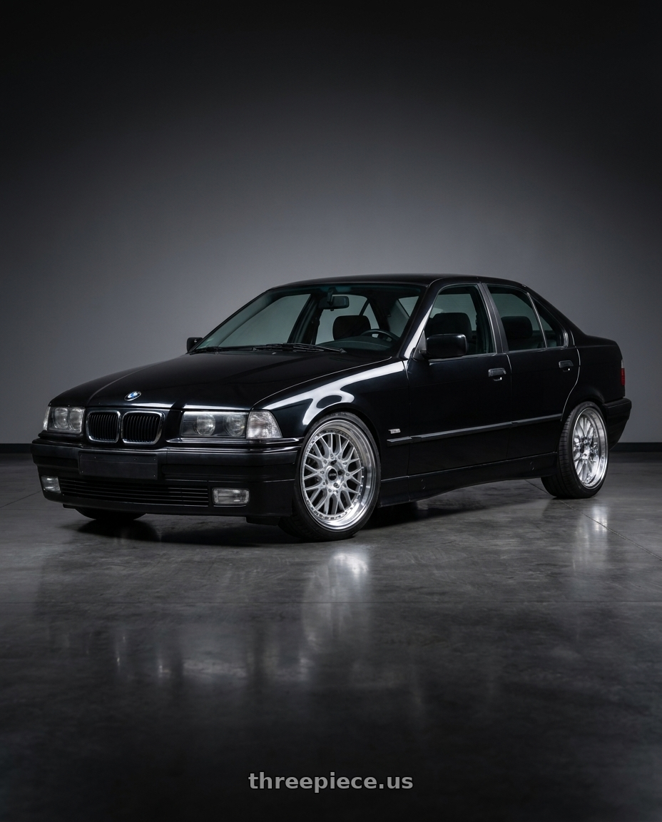 1997 BMW 3 black with ARC AR1 5x120 17x8.5  +35 Silver Machine Face Lip Chrome Rivet wheels