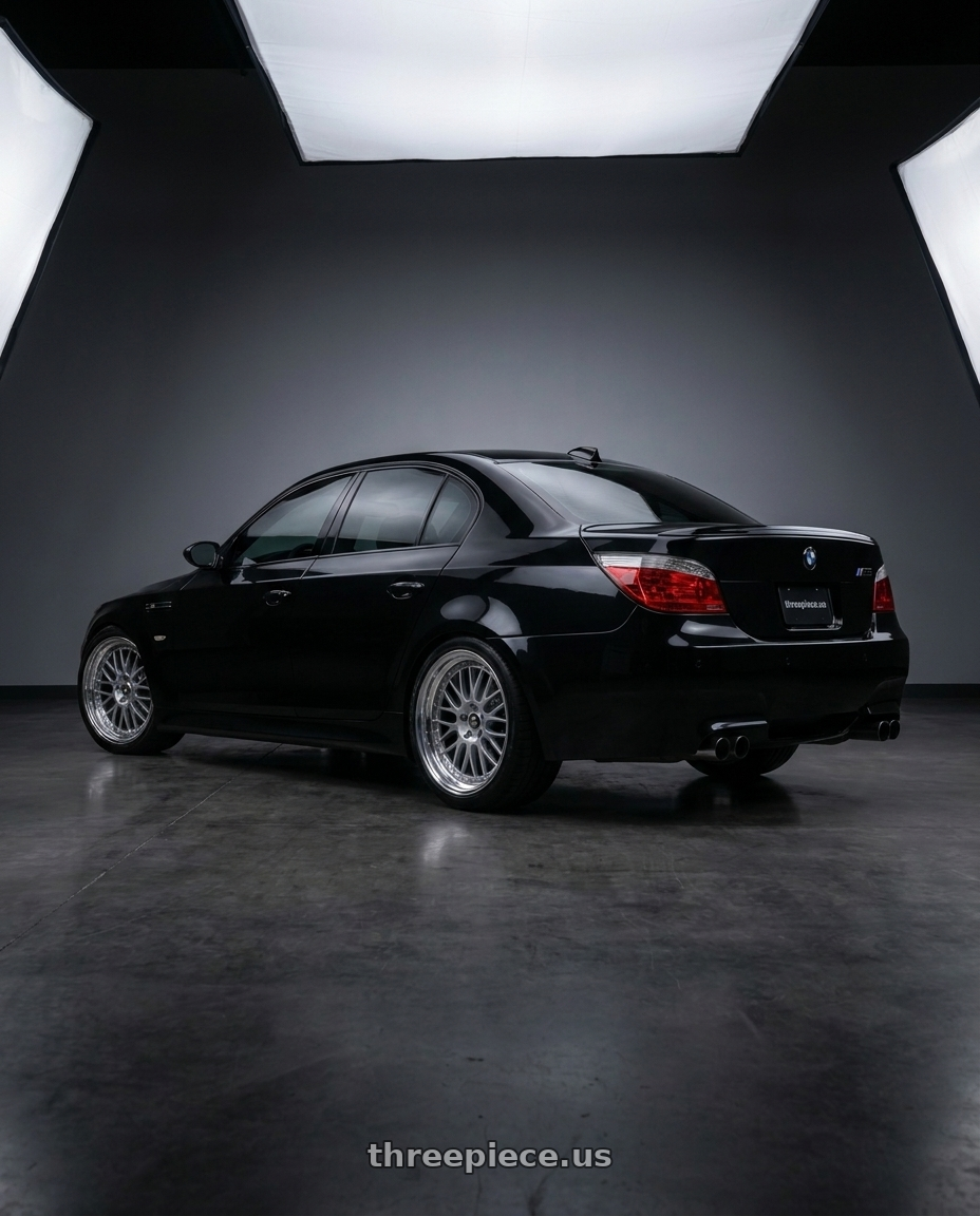 2008 bmw m5 with SSR Professor TF1 5x120 20X10+19 HP Disk Titan Silver wheels rear three quarter view square tires