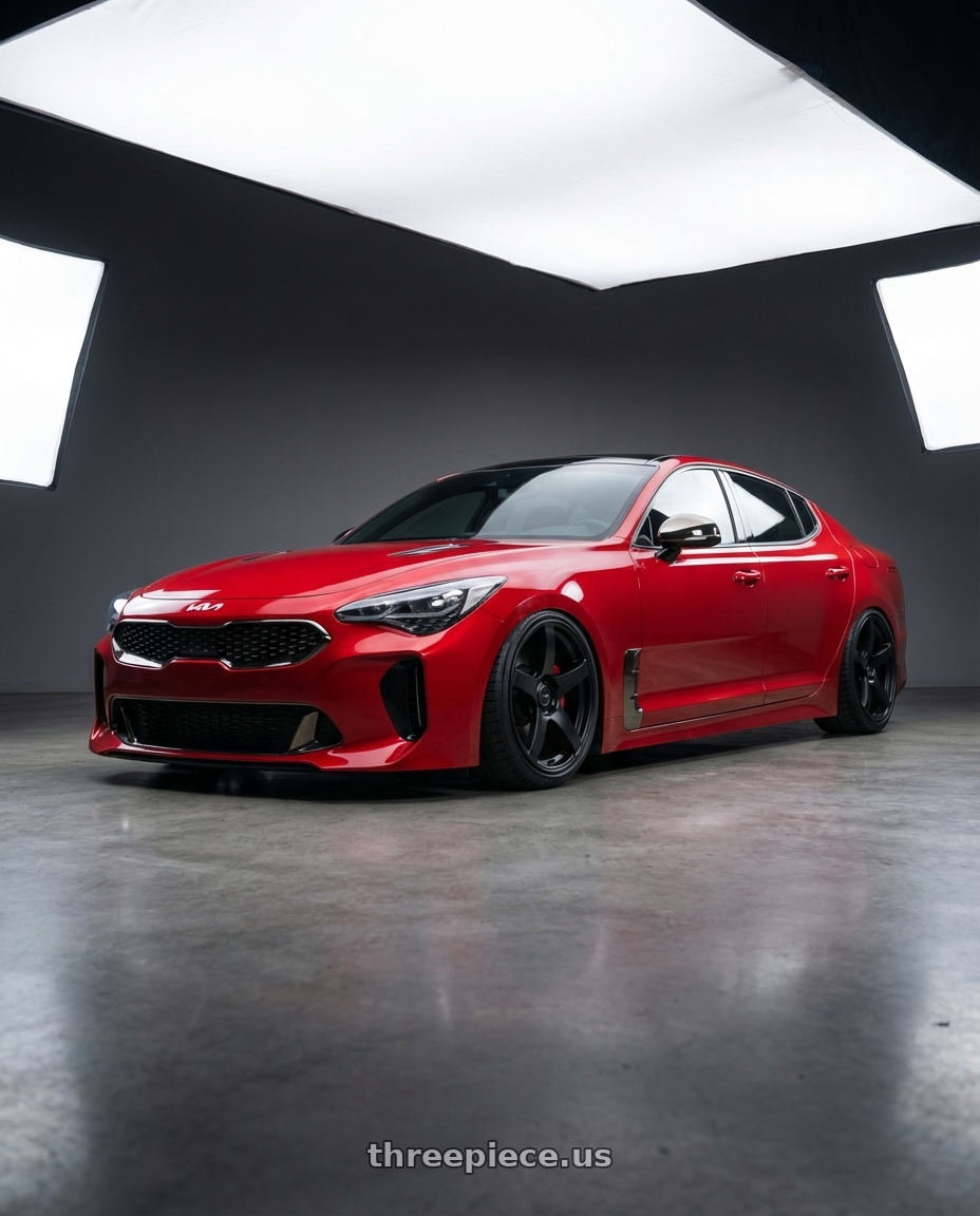 2022 Kia Stinger GT with Ssr Gtv01 5x114.3 19x8.5+38  FLAT BLACK wheels front three quarter view stanced stance