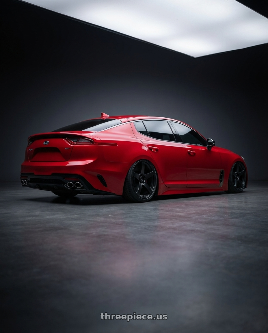 2022 Kia Stinger GT with Ssr Gtv01 5x114.3 19x8.5+38  FLAT BLACK wheels rear three quarter view slight stretch tires