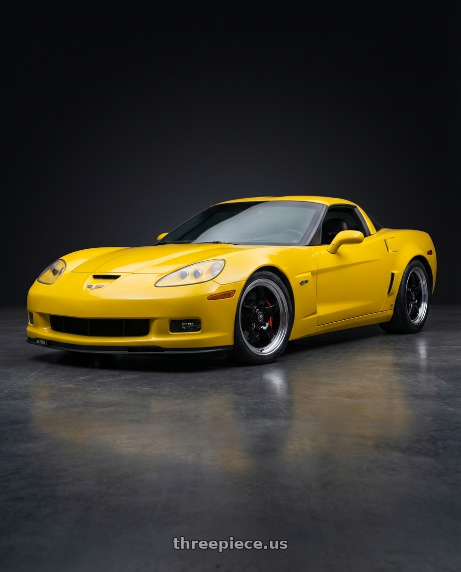 2012 Chevrolet Corvette C6 with Forgestar D5 Drag 5x120.65 18x12 +50 Gloss Black Machined wheels front three quarter view lowered stance