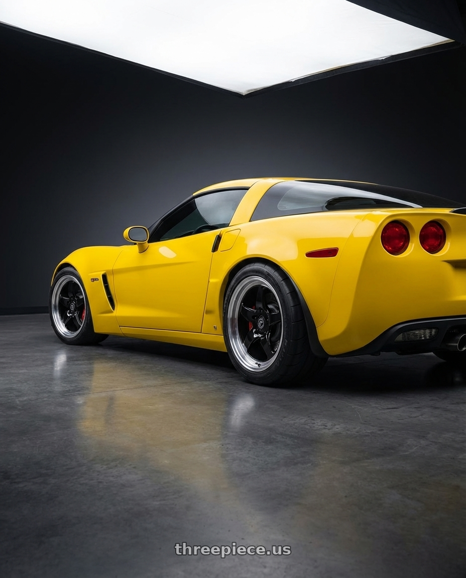 2012 Chevrolet Corvette C6 with Forgestar D5 Drag 5x120.65 18x12 +50 Gloss Black Machined wheels rear three quarter view square tires