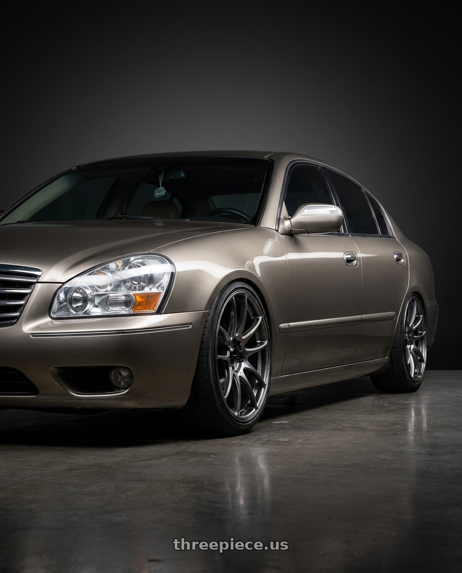 2005 INFINITI Q45 with Vors TR4 5x114.3 19x8.5  +35 Hyper Black wheels front three quarter view slammed stance