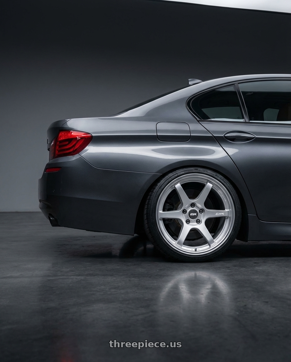 2016 BMW 5 Series F10 with ESR Wheels APEX SERIES AP6 5x120 19x9.5 +35 Hyper Silver wheels rear three quarter view square tires