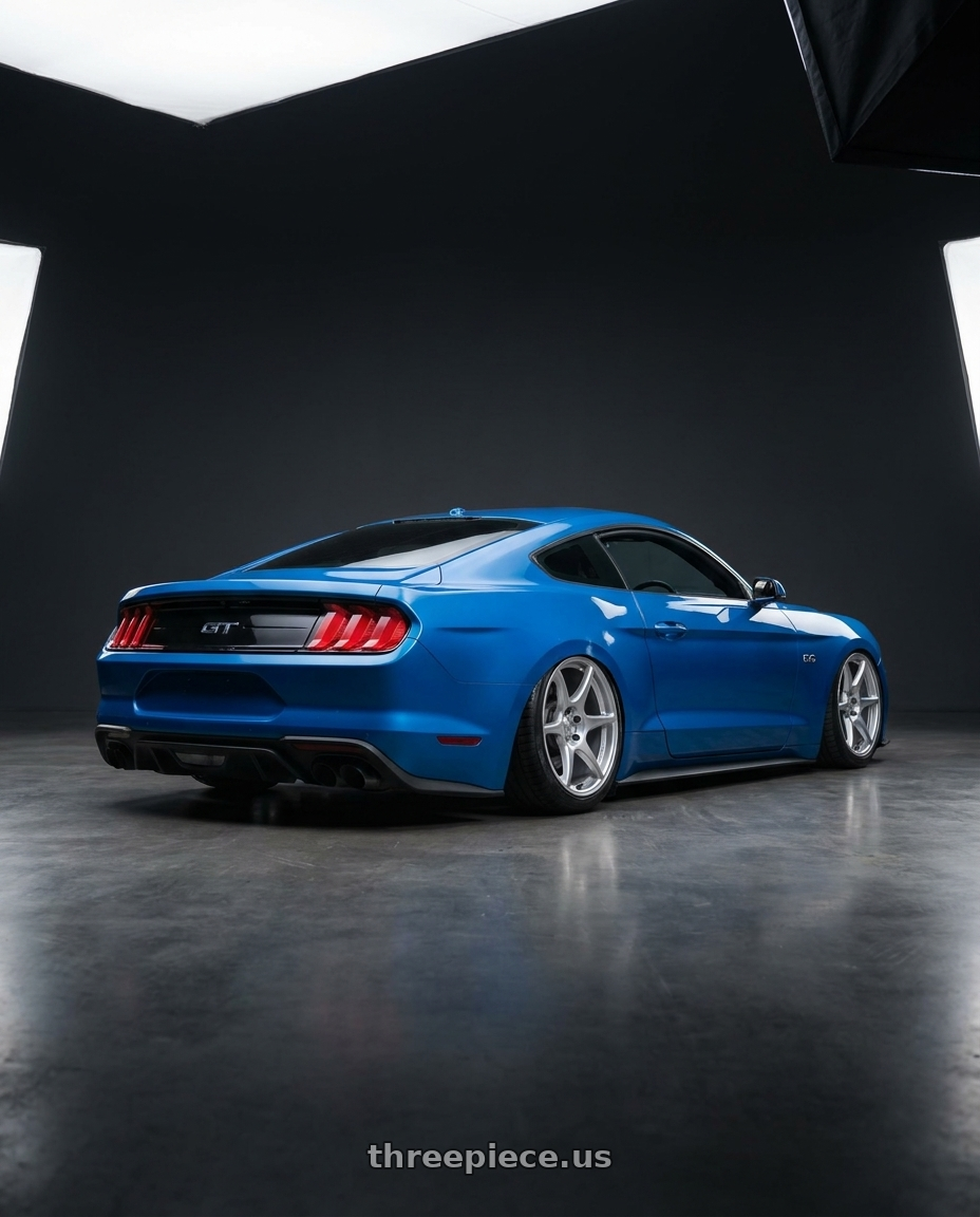 2022 Ford Mustang GT with Kansei K11S Tandem 5x114.3 19x9.5 12 Hyper Silver wheels rear three quarter view slight stretch tires