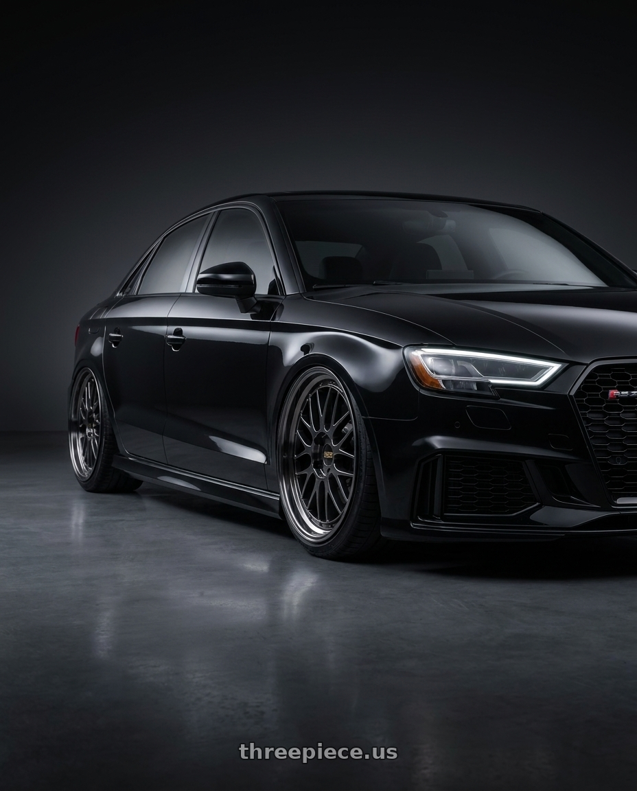 2017 Audi RS3 with BBS LM 5x112 20x10.0+22 Diamond Black wheels front three quarter view slammed stance