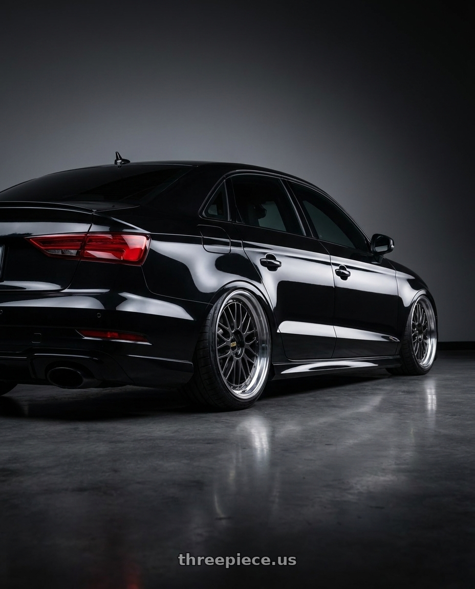 2017 Audi RS3 with BBS LM 5x112 20x10.0+22 Diamond Black wheels rear three quarter view extreme stretch tires