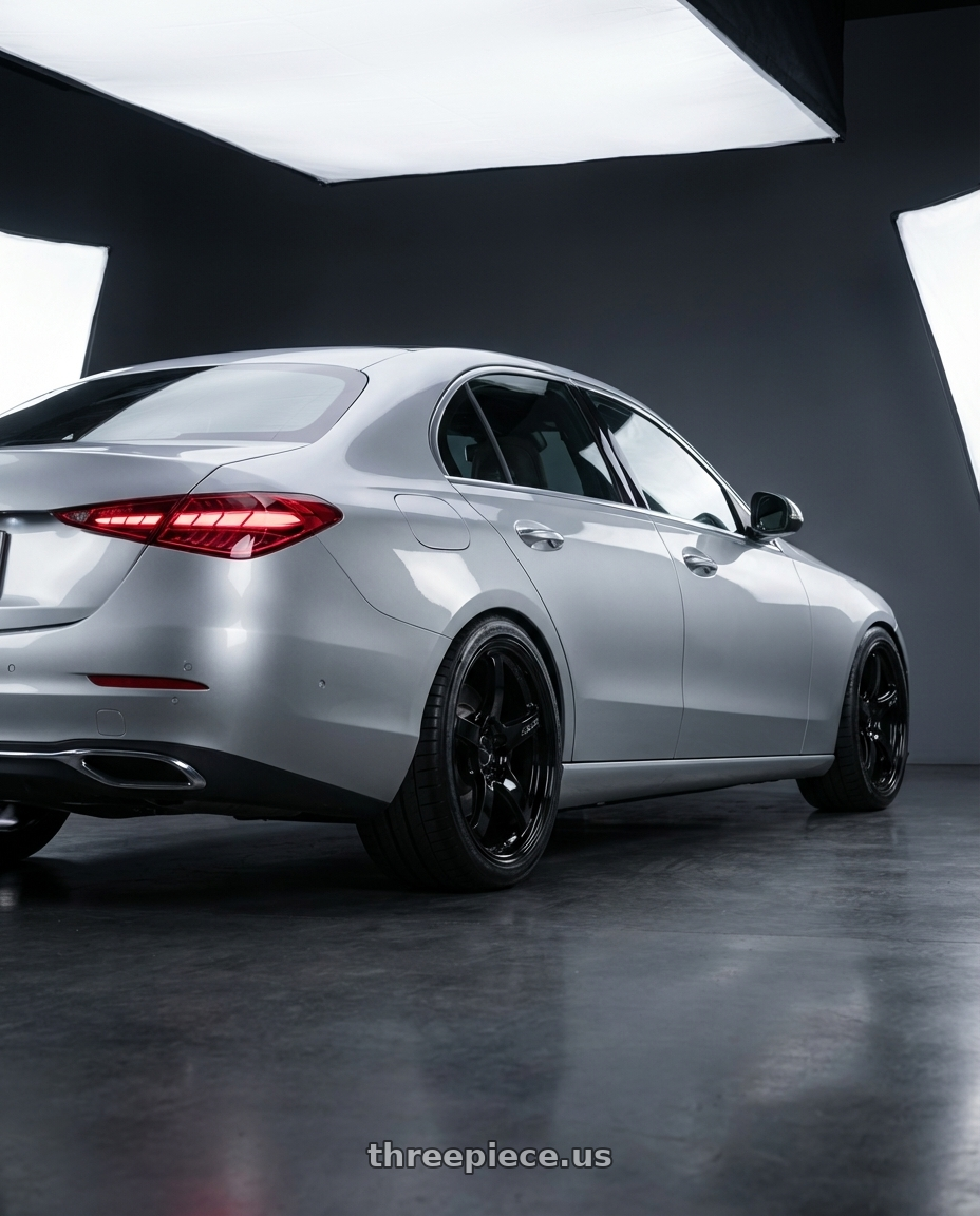 2022 Mercedes-Benz C-Class W206 with Gram Lights 57CR 5x112 19x10.5+35 Glossy Black wheels rear three quarter view square tires