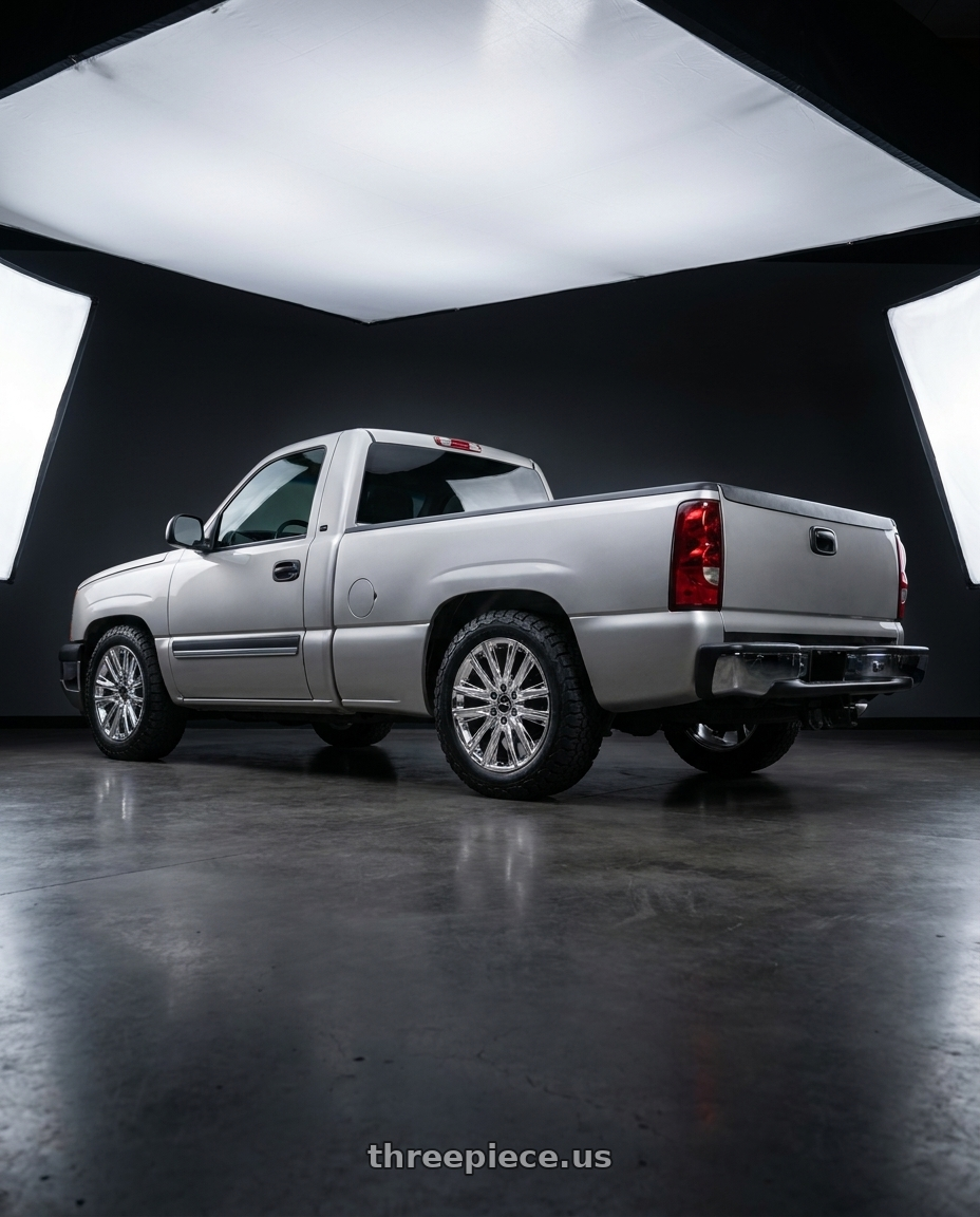 2003 Chevy Silverado 1500 LS with RTX GM01 6x139.7 20x9 +25 Chrome / Pvd wheels rear three quarter view square tires