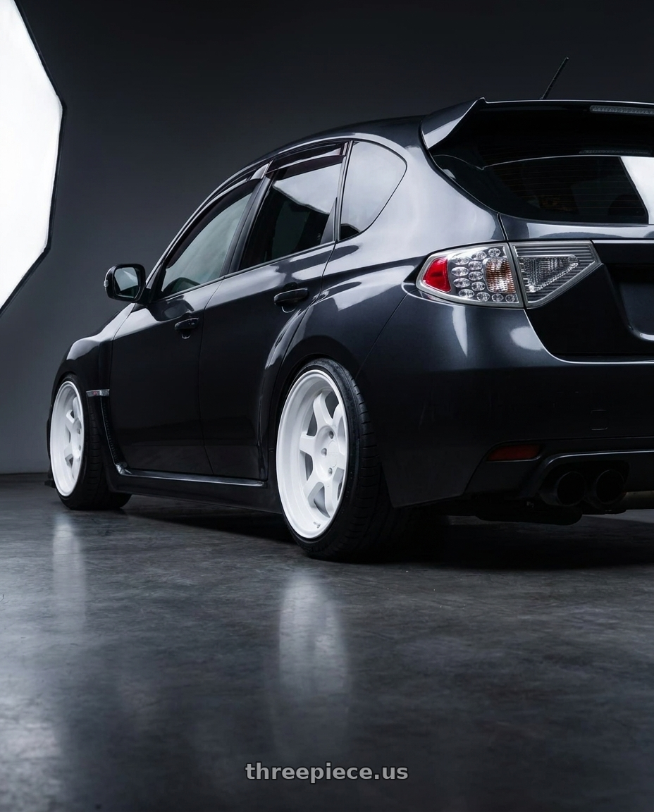 2010 Subaru Impreza WRX STI 10 with 9six9 SIX-1 Deep 4x100 15X8 +20 Competition White wheels rear three quarter view extreme stretch tires