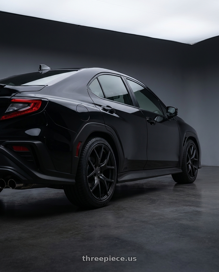 2022 wrx GT with Ssr Gtv03 5x114.3 18x8.5+40  FLAT BLACK wheels rear three quarter view square tires