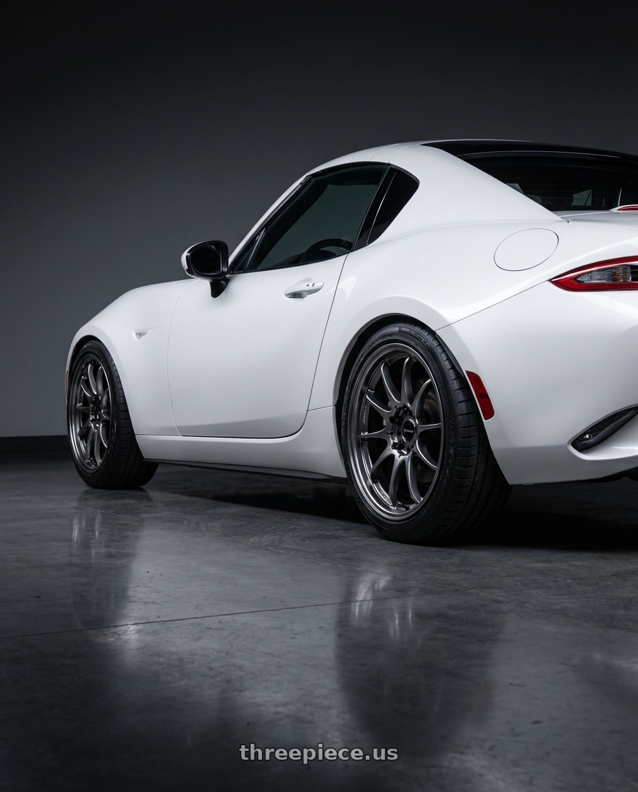 2019 Mazda Miata RF GT White Ceramic Metallic with Vors TR4 5x105 17x8  +35 Hyper Black wheels rear three quarter view square tires