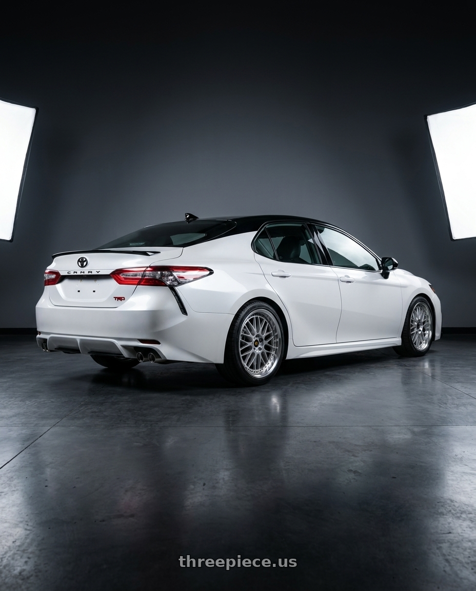 2021 Toyota Camry TRD with Work Vs-Xx 5x114.3 19x8+38 A Disk Light Grey Silver wheels rear three quarter view square tires