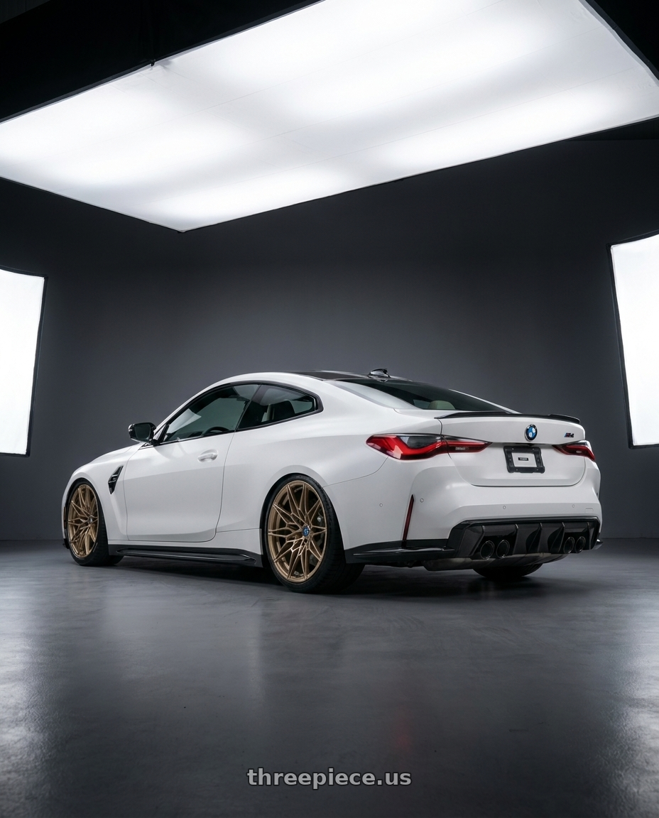 2024 Bmw g82cs with E5 Wheels Daytona 5x120 20x11+45 BRONZE wheels rear three quarter view slight stretch tires