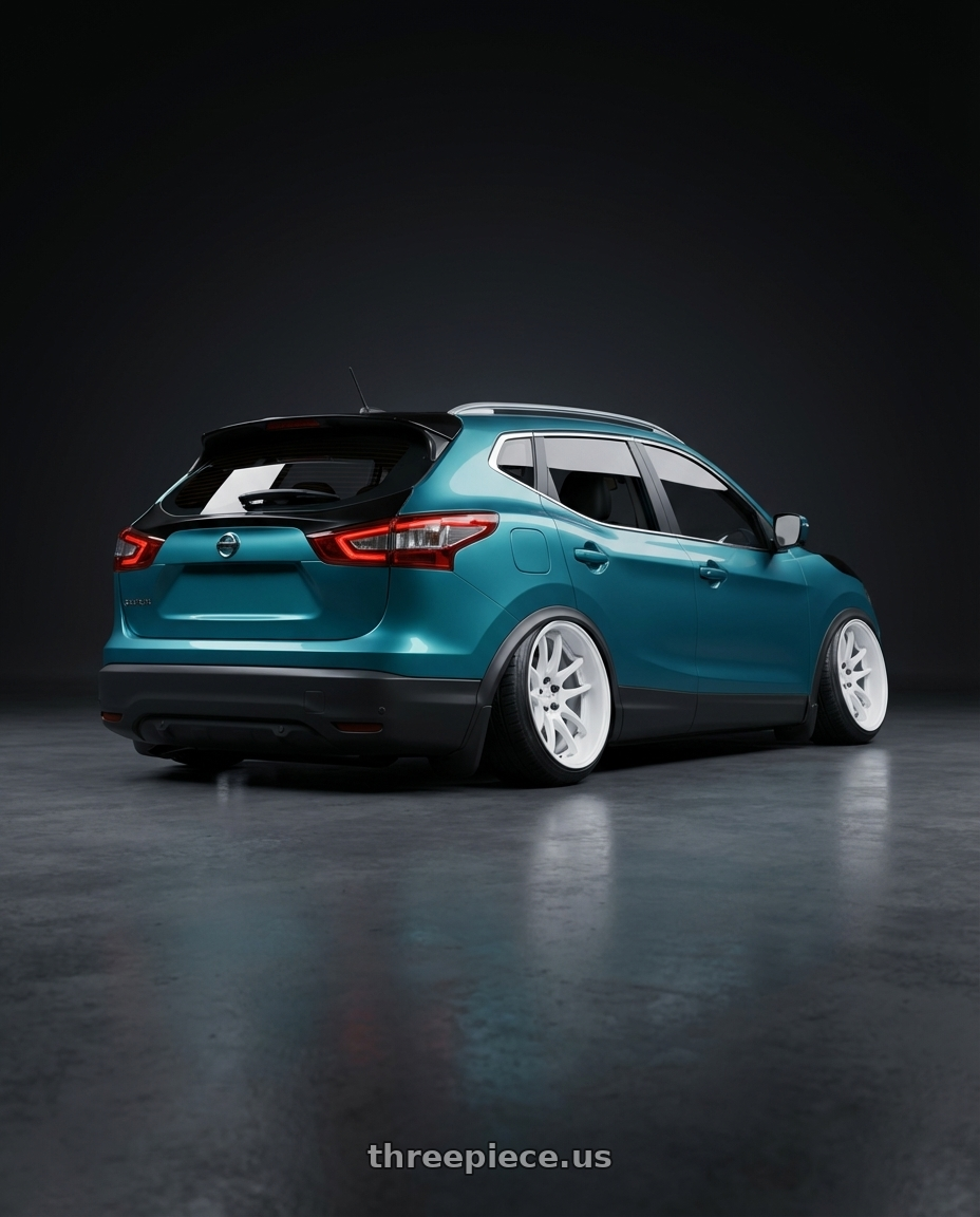 2017 Nissan Qashqai with Work Cr 2P 4x100 17x10.0 +12 Gloss White wheels rear three quarter view extreme stretch tires