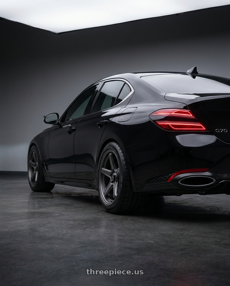 2023 Genesis G70 Sport Prestige, Victoria Black with Konig Neoform 5X114.3 19x8.5+32 Matte Grey wheels rear three quarter view meaty tires