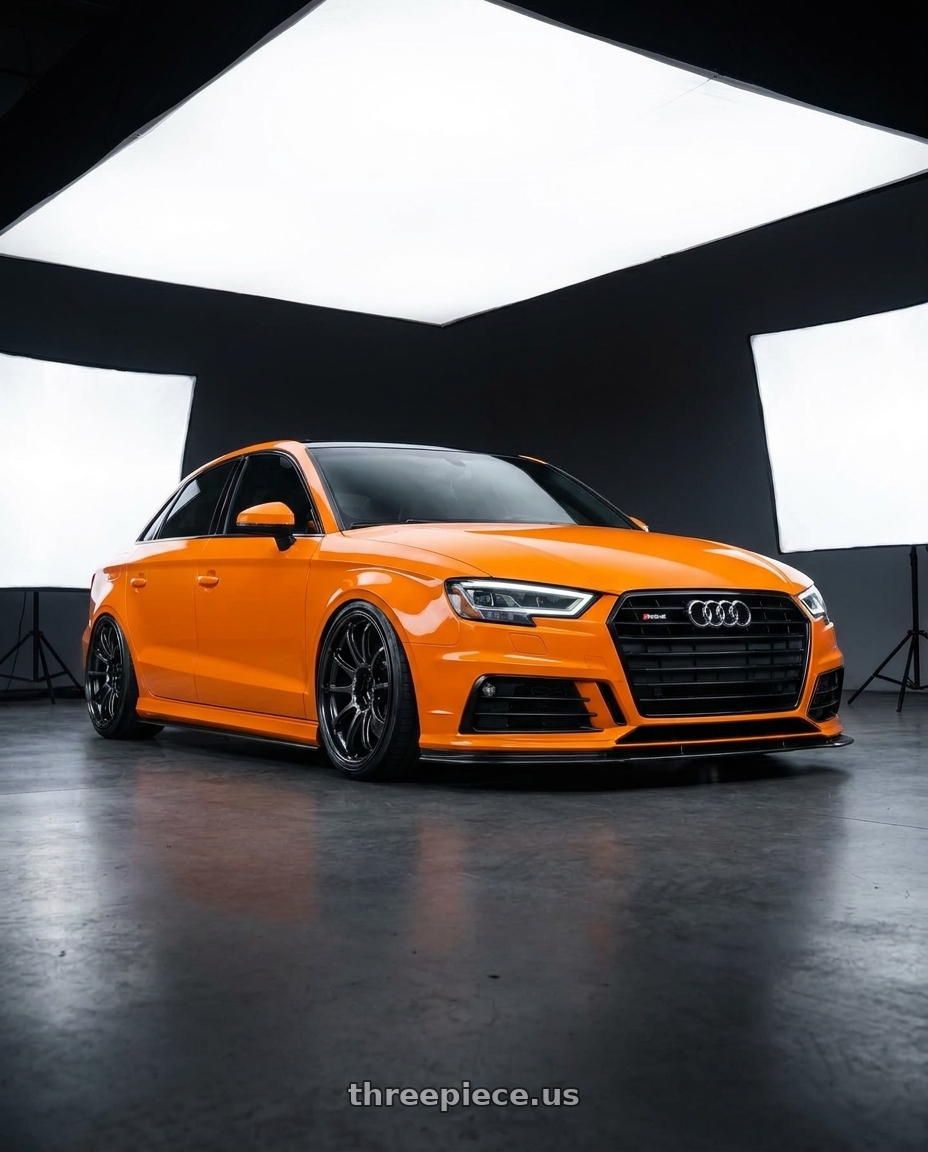 2017 Audi RS3 with Advan Racing RZ-DF2 5x112 20x11.0 +35 RACING TITANIUM BLACK wheels front three quarter view lowered stance