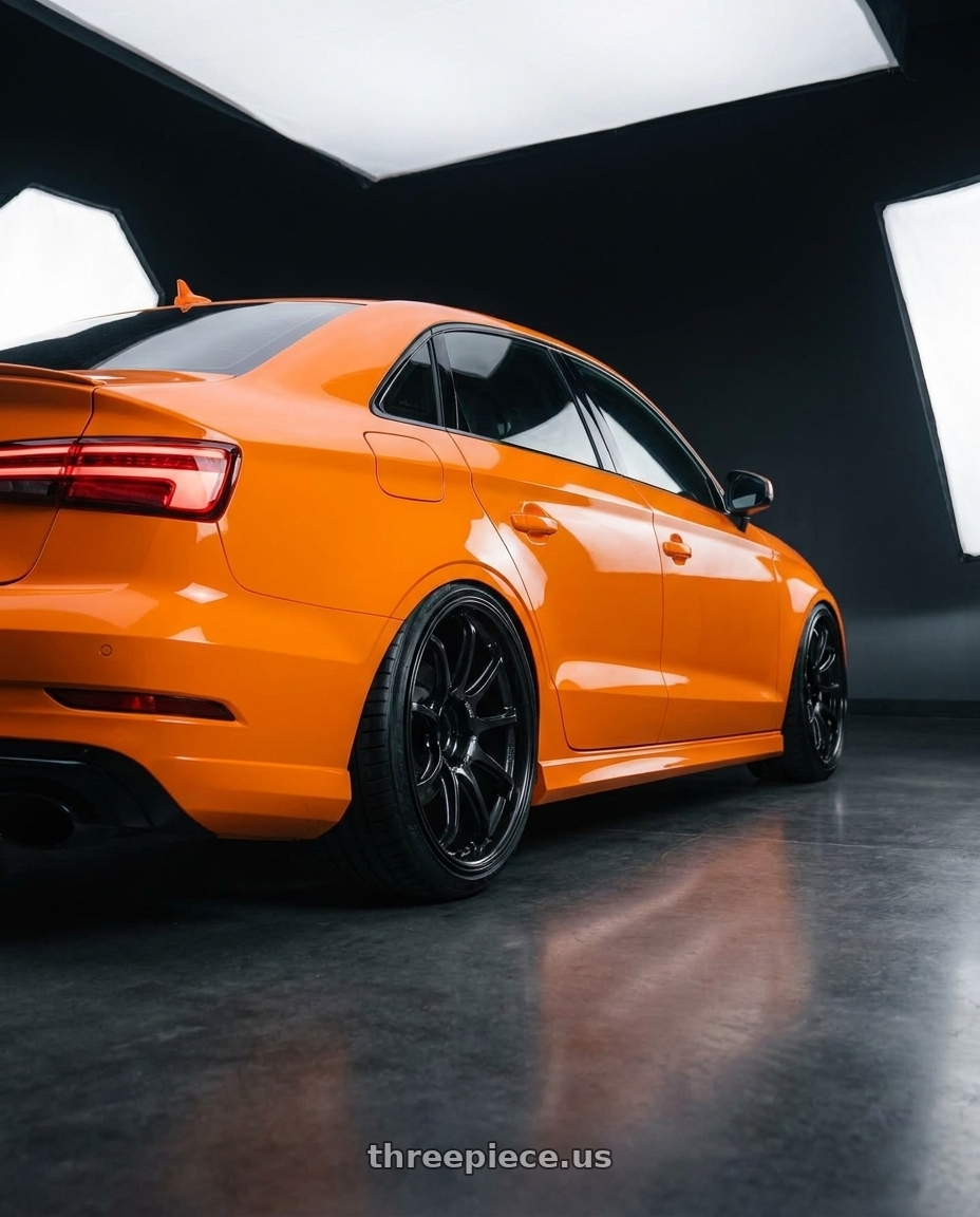 2017 Audi RS3 with Advan Racing RZ-DF2 5x112 20x11.0 +35 RACING TITANIUM BLACK wheels rear three quarter view extreme stretch tires