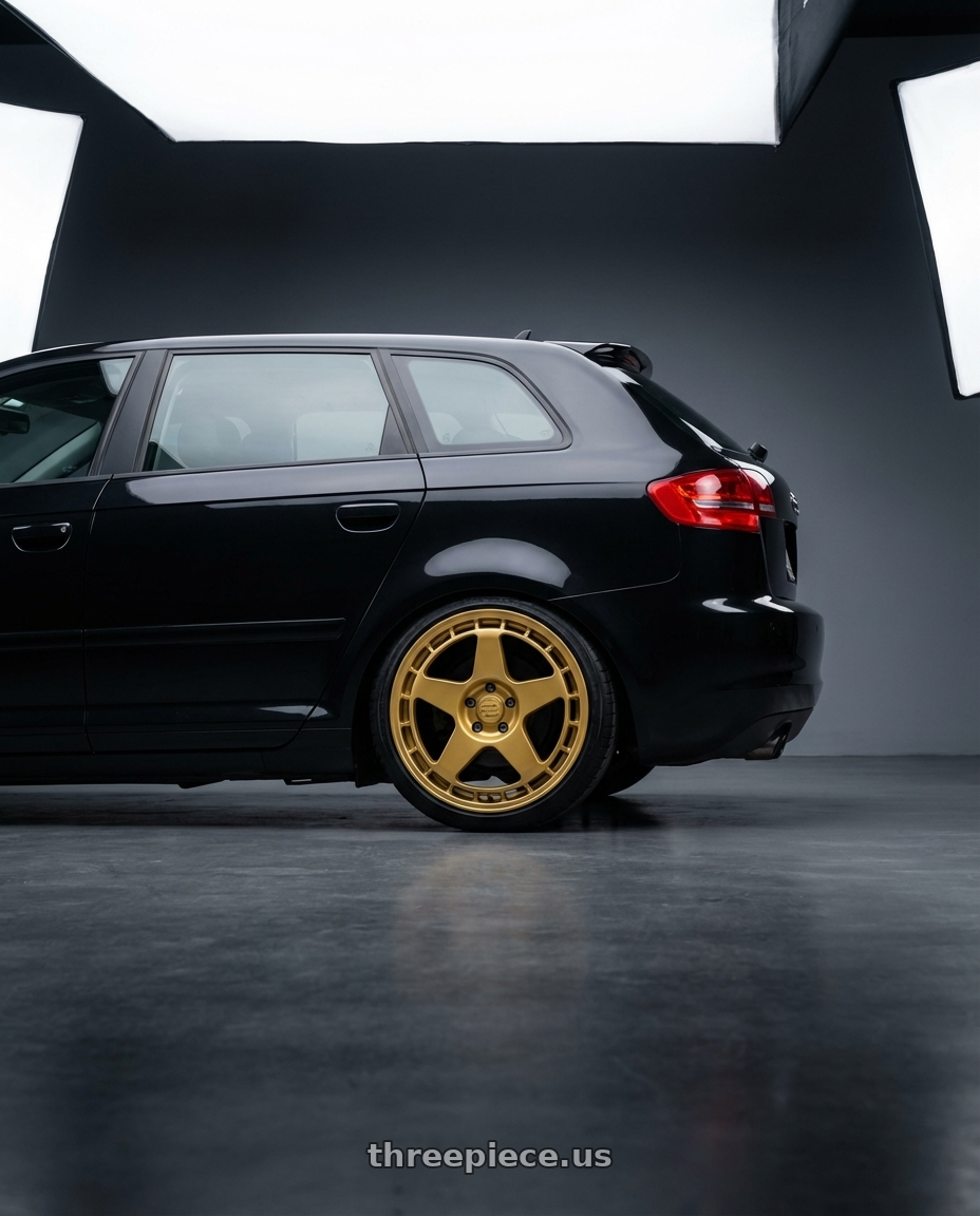 2012 Audi A3 8P with fifteen52 TARMAC EVO 5x112 / 5x120 18x8.5 +35 GOLD (GLOSS GOLD) wheels rear three quarter view square tires