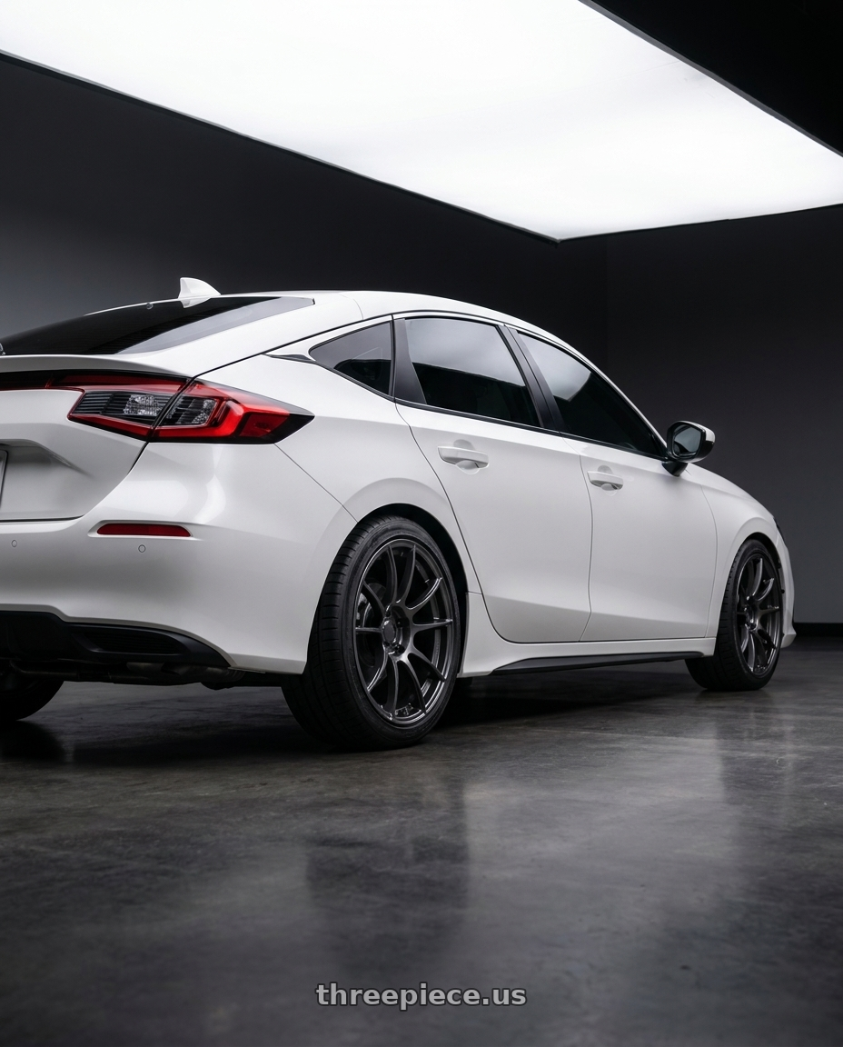 2026 g\honda civic with Ssr Gtx04 5x114.3 18x8.5+44  DARK GUNMETAL wheels rear three quarter view square tires