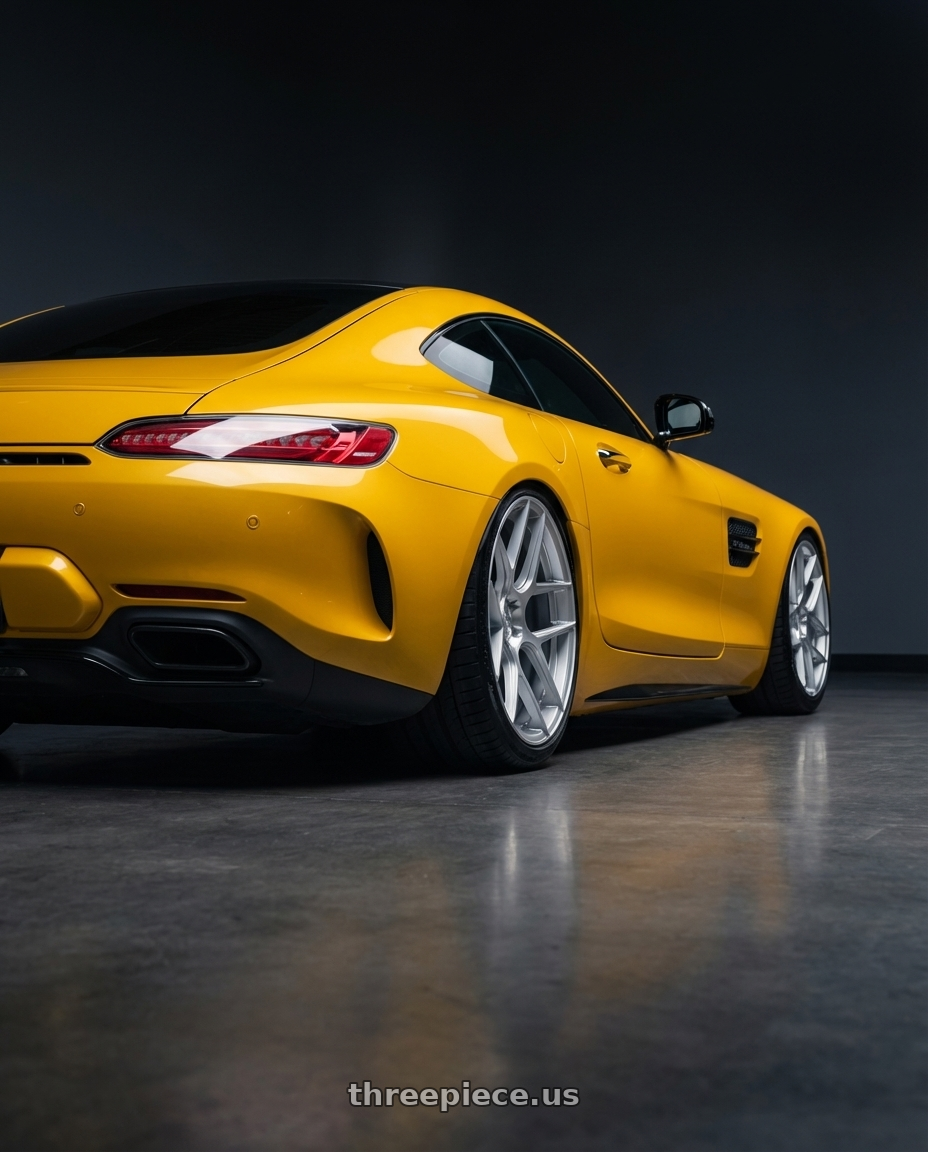 2019 Mercedes-Benz AMG GT with Aodhan AFF2 5x112 20x9+30 Gloss Silver Machined Face wheels rear three quarter view slight stretch tires