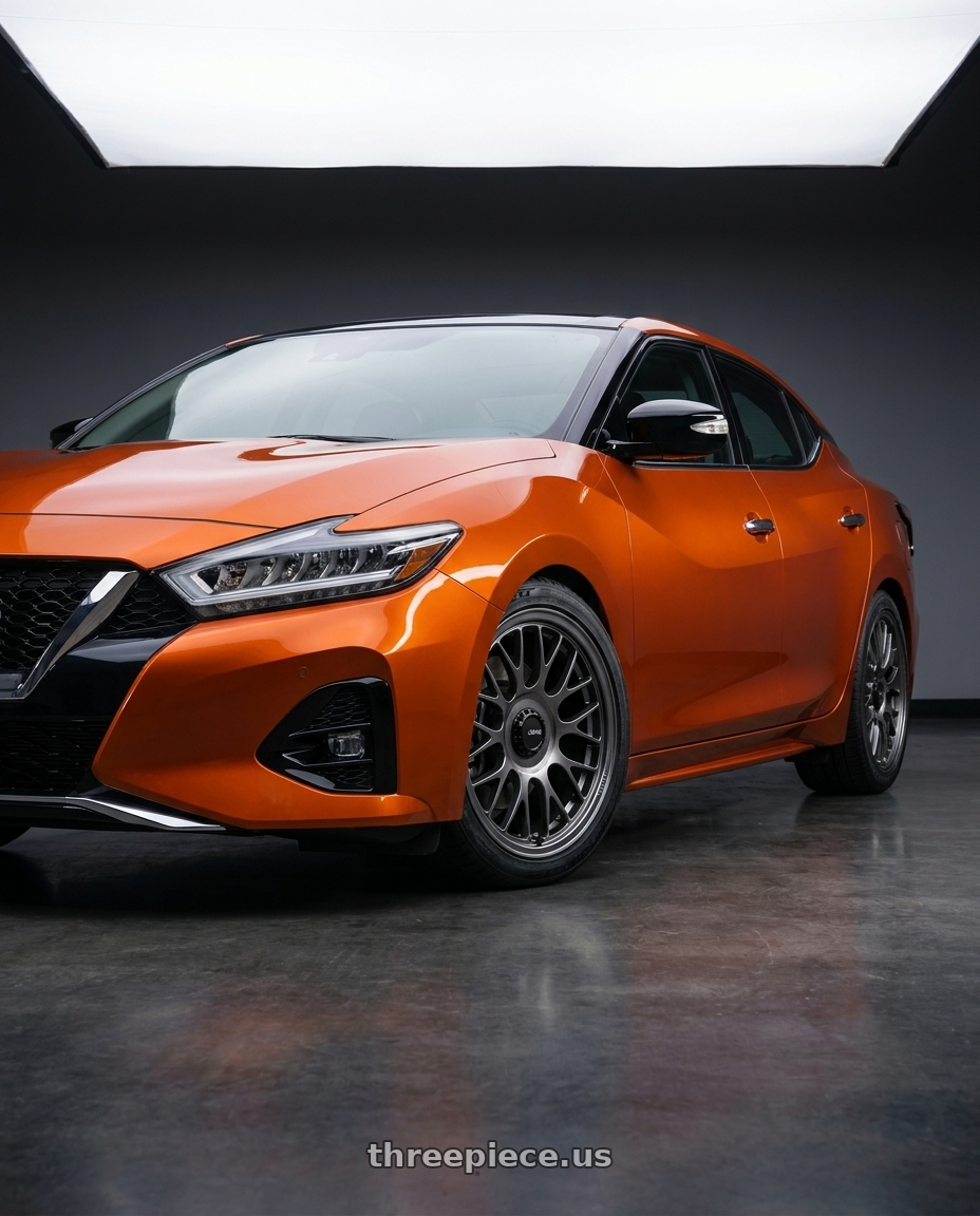 2021 Nissan Maxima Orange with Konig MRK1 5X114.3 19x9.5+40 Hyper Carbon - Gloss Black Gear Cap/Logo/Cover Plate wheels