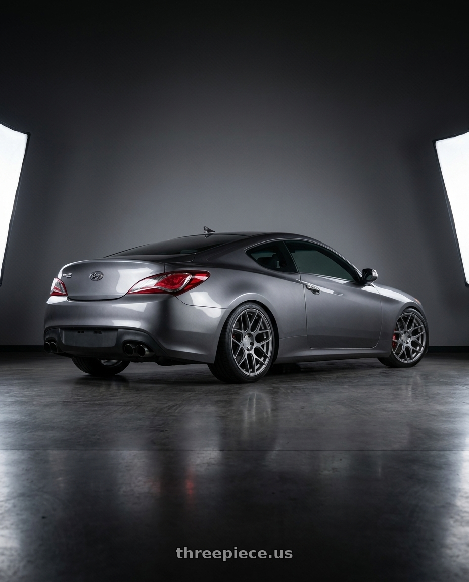 2014 Hyundai Genesis Coupe with Aodhan AFF2 5x114.3 19x8.5+35 Matte Gray wheels rear three quarter view square tires