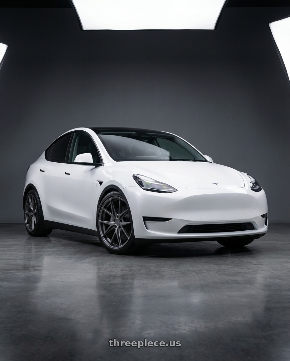 2024 Tesla Model Y with Niche 1PC M116 MISANO 5X114.3 20X9 +25 MATTE GUN METAL wheels front three quarter view lowered stance