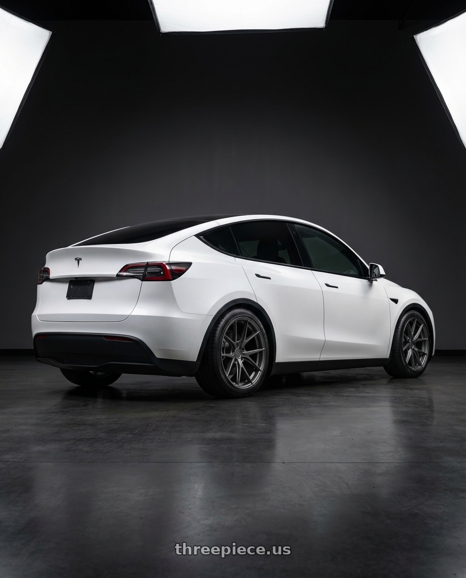 2024 Tesla Model Y with Niche 1PC M116 MISANO 5X114.3 20X9 +25 MATTE GUN METAL wheels rear three quarter view square tires