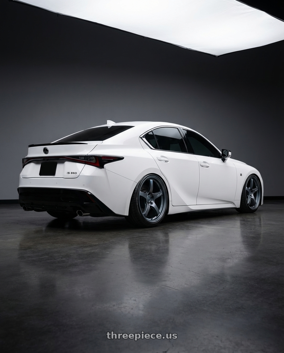 2024 Lexus IS 350 with Gram Lights 57CR 5x114.3 19x9.5+35 Gunblue II wheels rear three quarter view slight stretch tires