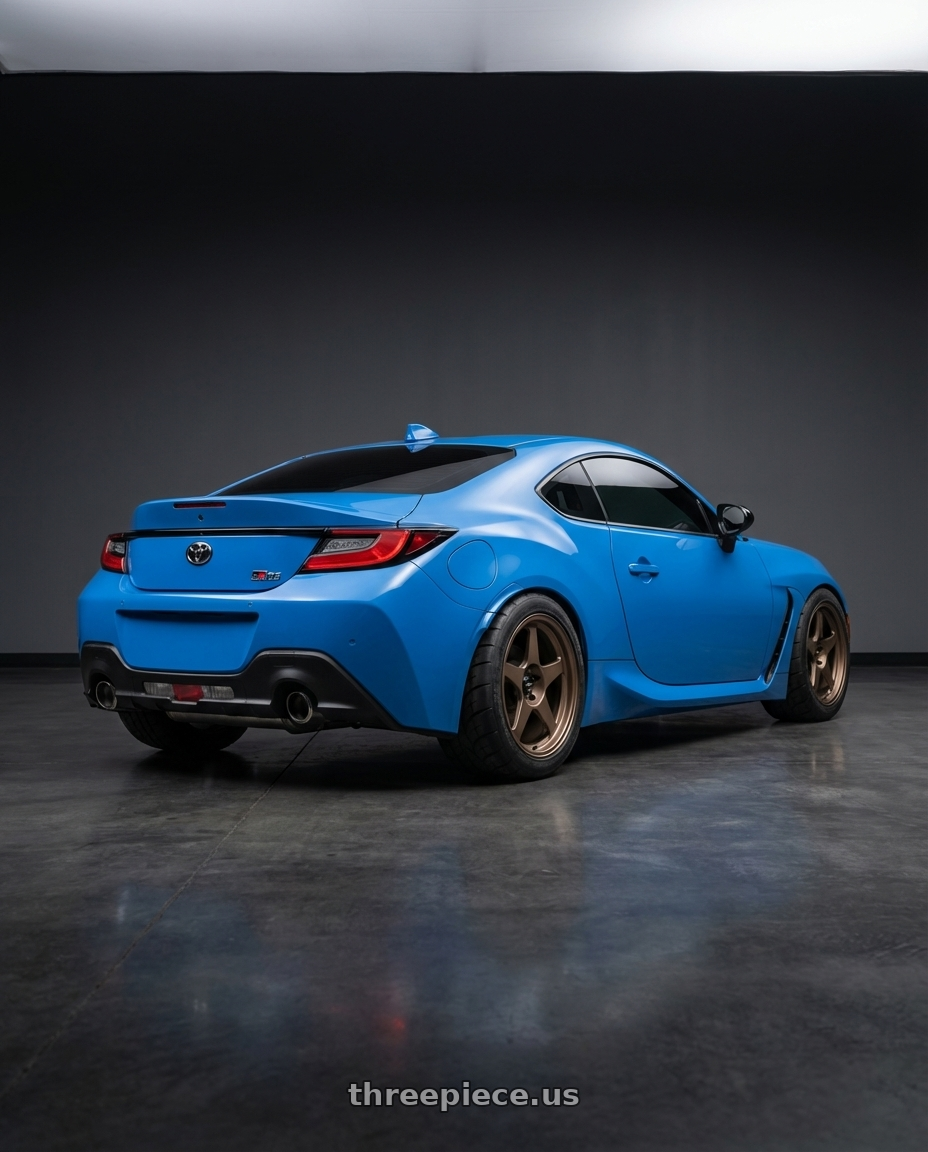 2023 Toyota GR86 with R6061 Forged R1 5x112 18X8.5 +35 Matte Bronze wheels rear three quarter view meaty tires