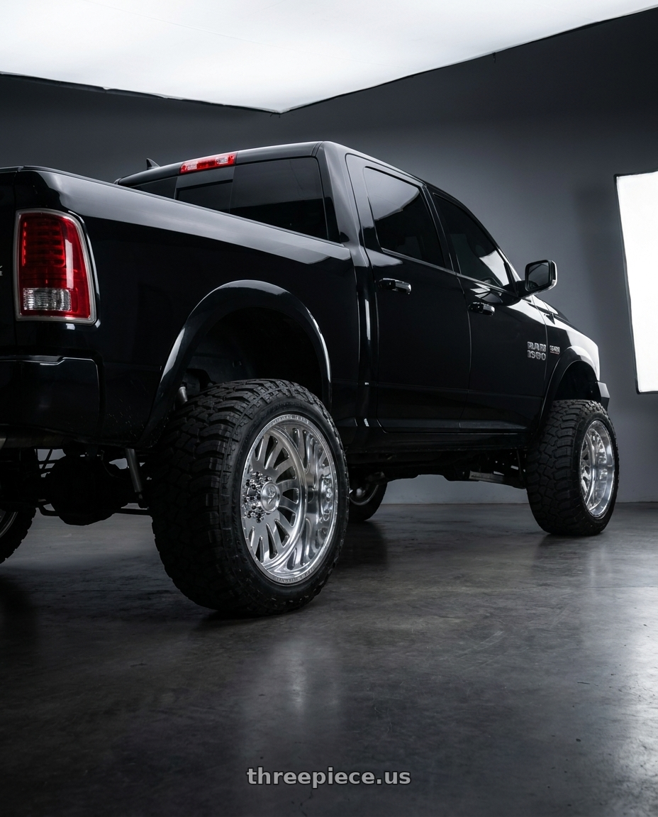2017 Ram 1500 with American Force 74 Octane SS 8X180 24X14 -73 POLISHED wheels rear three quarter view square tires