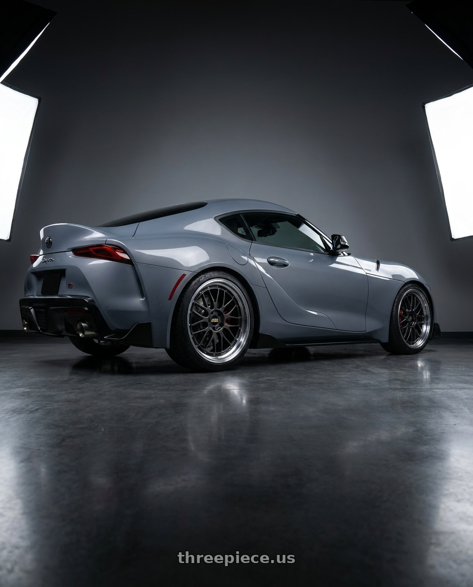 2023 Toyota Supra GR C with BBS LM 5x112 19x8.5+48 Diamond Black wheels rear three quarter view square tires