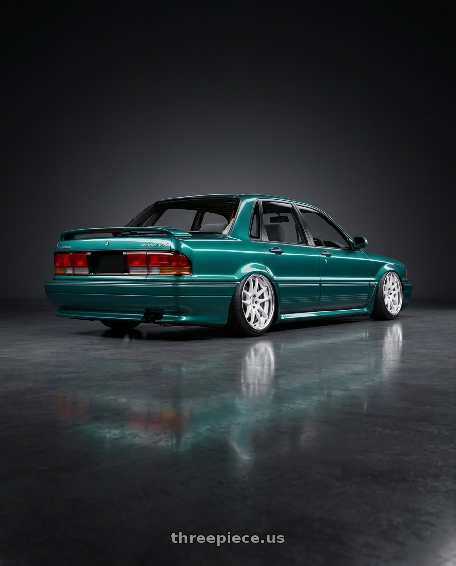 1990 Galant vr4 with Work Cr 2P 4x100 17x8.5 +12 Gloss White wheels rear three quarter view slight stretch tires