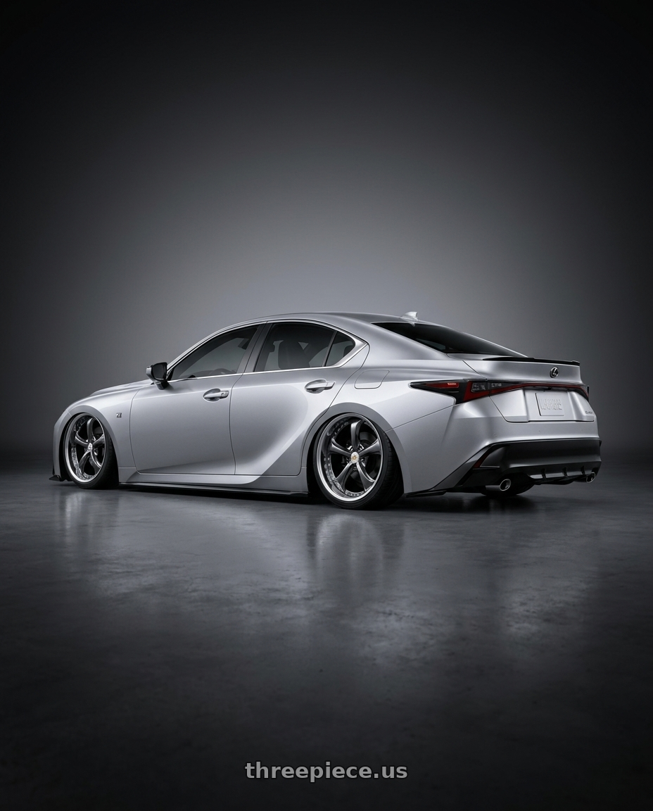 2024 LEXUS IS300 F SPORT DESIGN RWD Iridium Silver with Work Wheels VS-KF 5x114.3 19x9.5+35 Brilliant Silver Black L Disk STEP RIM wheels rear three quarter view square tires