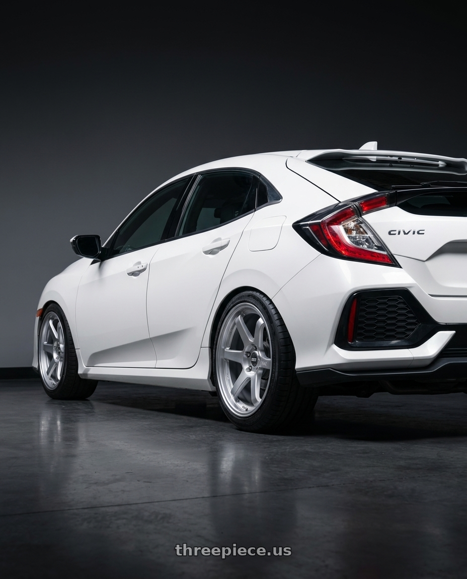2019 Honda Civic with ESR Wheels APEX SERIES AP6 5x114.3 18x8.5 +30 Hyper Silver wheels rear three quarter view square tires