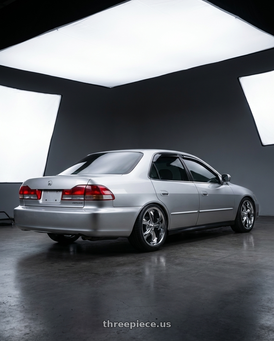 2002 hond accord  with Ridler Type 695 5x120 20x10+38 Chrome wheels rear three quarter view slight stretch tires