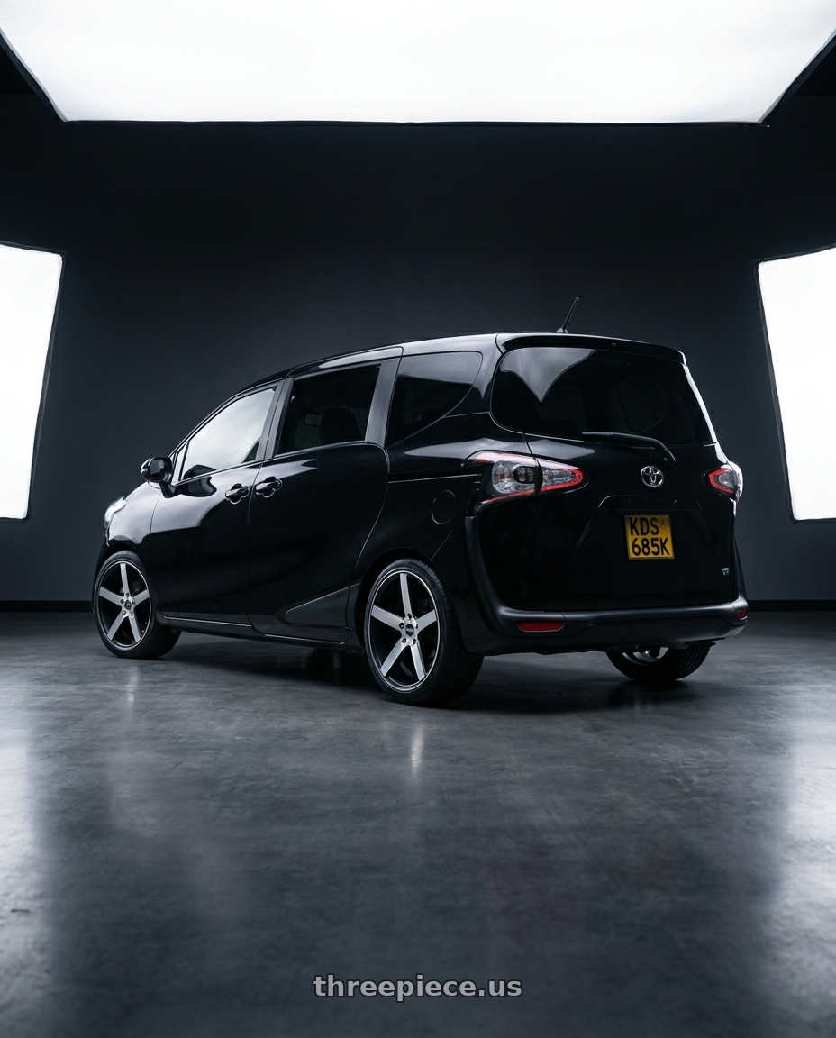 Toyota sienta 2016 with Strada Perfetto 5x100/5x114.3 16x7.5 +35 Gloss Black Machined wheels rear three quarter view square tires