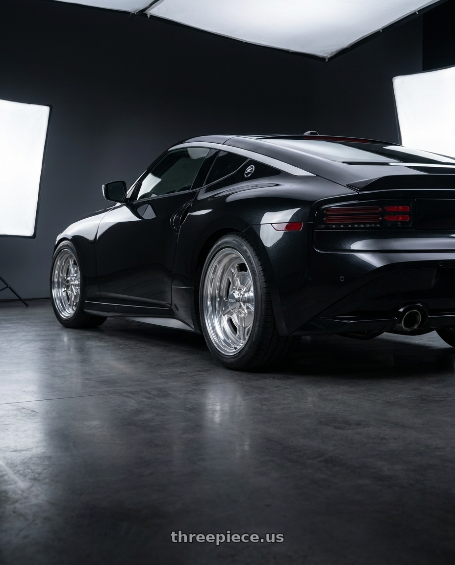 2024 Nissan Z Sport  with American Racing Vintage VN502 5X114.3 15X10 -32 POLISHED wheels rear three quarter view square tires