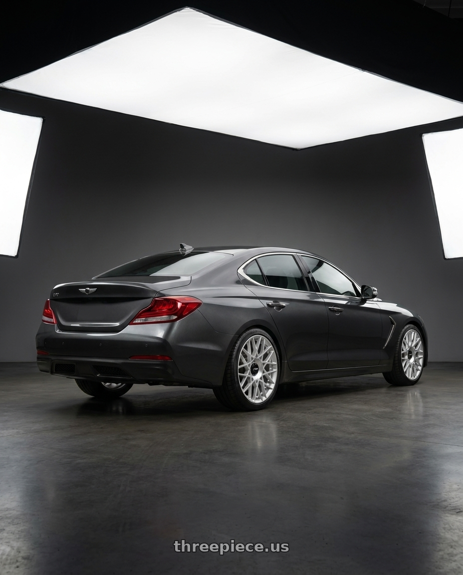 2019 Genesis G70 with Rotiform 1PC R167 BLQ-C BLANK 19X8.5 +35 SILVER wheels rear three quarter view slight stretch tires