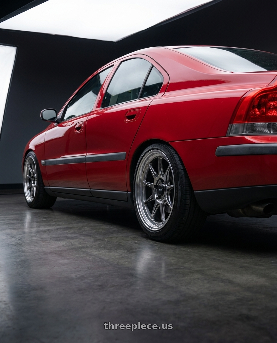 2002 Volvo s60 2.4t with Konig Countergram 5x108 18x8.5+43 Hyper Chrome / Machined Lip wheels rear three quarter view slight stretch tires