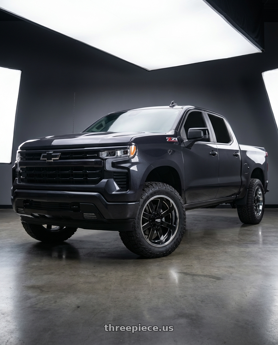 2023 Chevrolet Silverado 1500 with Moto Metal MO200 6X139.7 20X10 -18 GLOSS BLACK MILLED CENTER CHROME LIP wheels