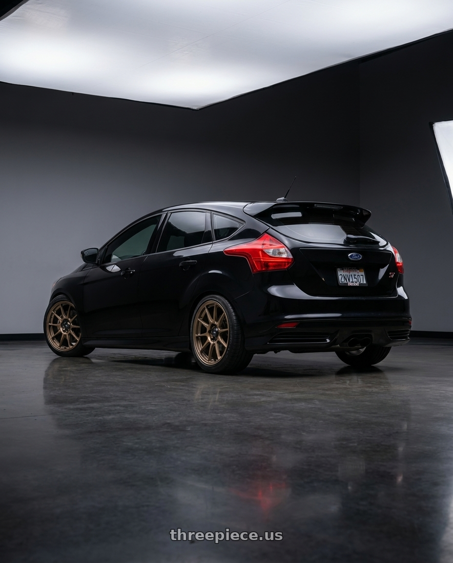 2013 ford focus st black with Konig Dekagram 5x114.3 18x9.5+35 Gloss Bronze wheels rear three quarter view slight stretch tires