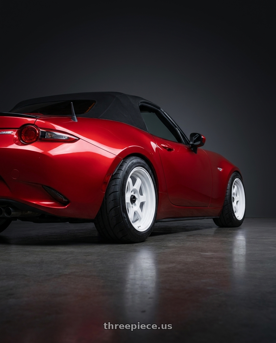 2016 Mazda Miata with Vors TR7 4x100/4x114.3 16x7  +35 All White wheels rear three quarter view meaty tires