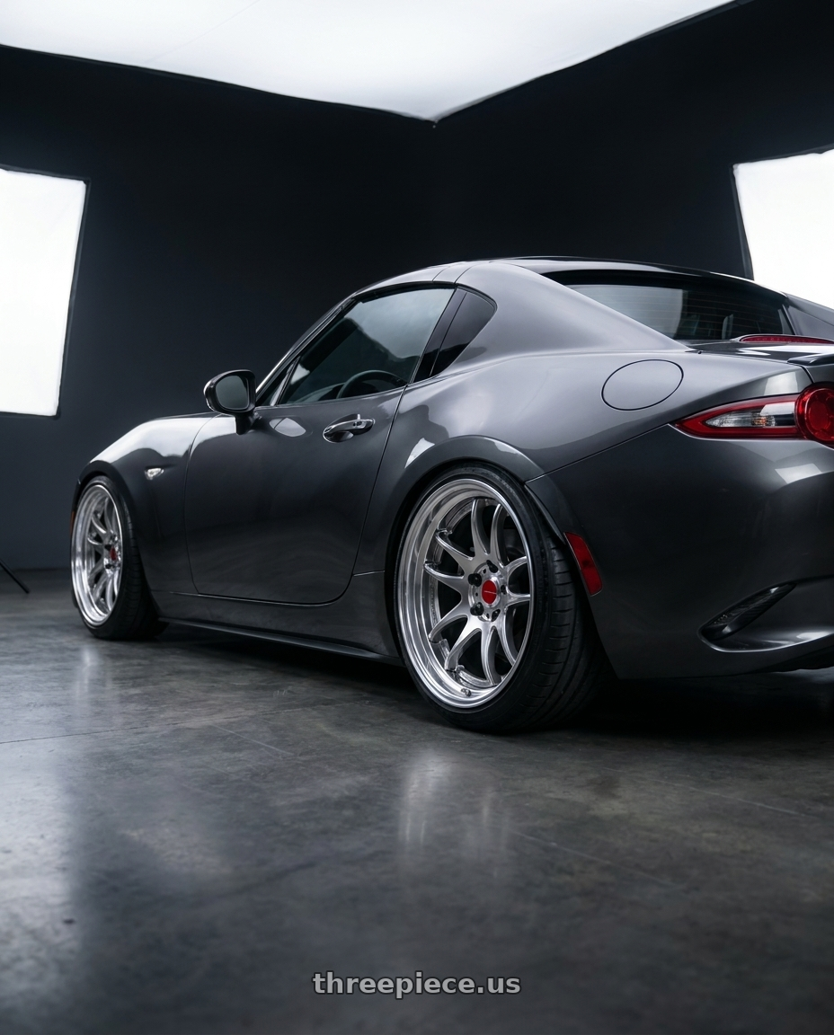 2019 mazda miata RF with Work Cr 2P 4x100 17x8.5 +22 GT Silver wheels rear three quarter view square tires