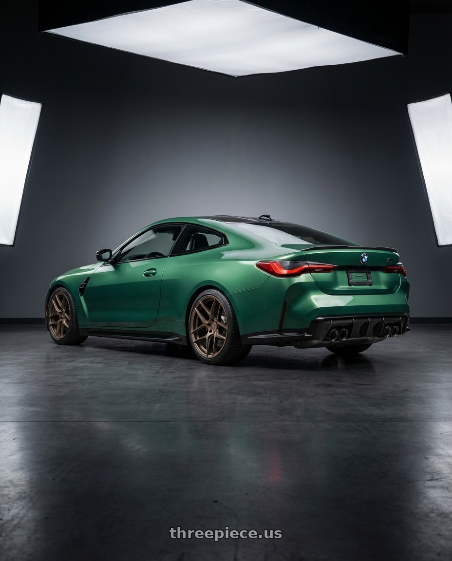 2024 BMW M4 G82 with Aodhan AFF2 5x112 19x8.5+35 Matte Bronze wheels rear three quarter view square tires